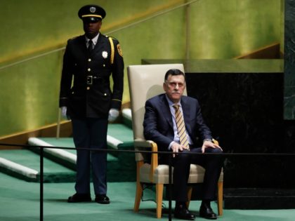 Libya's Prime Minister Fayez al-Sarraj waits to address the 74th session of the United Nations General Assembly, Wednesday, Sept. 25, 2019, at the United Nations headquarters. (AP Photo/Frank Franklin II)