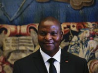 President of the Central African Republic Faustin Archange Touadéra, left, is received by Vatican Secretary of State, Cardinal Pietro Parolin (not shown) at the Vatican, Monday, April 18, 2016. (Alessandro Bianchi, pool via AP)