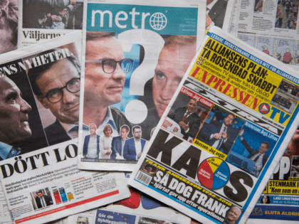A photo taken on September 10, 2018 in Stockholm shows a selection of front pages of Swedish newspapers in Stockholm a day after the general elections. - As expected, neither the centre-left nor the centre-right bloc obtained a majority in the legislative elections, and the far-right Sweden Democrats solidified their …