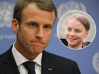 (INSET: Greta Thunberg) French president Emmanuel Macron speaks to the press during the an