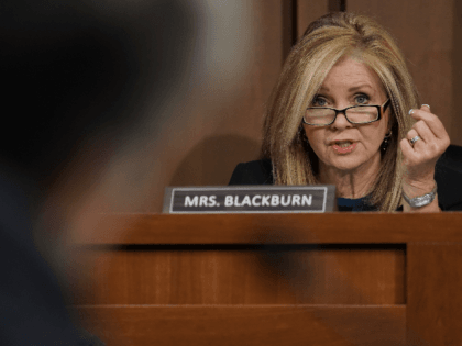 Sen. Marsha Blackburn (R-TN) questions U.S. Attorney General nominee William Barr during his confirmation hearing January 15, 2019 in Washington, DC. Barr, who previously served as Attorney General under President George H. W. Bush, was confronted about his views on the investigation being conducted by special counsel Robert Mueller. (Photo …