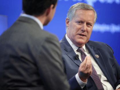 Freedom caucus chairman Rep. Mark Meadows (R) (R-NC) answers questions from Washington Post reporter Robert Costa (L) April 30, 2019 in Washington, DC. Meadows appeared as part of a Washington Post Live discussion on the Mueller Report. (Photo by Win McNamee/Getty Images)