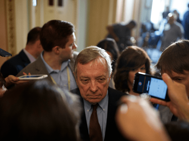 Senator Richard Durbin (D-IL) takes questions from reporters during the Weekly Senate Policy Luncheon Press Conferences on June 25, 2019 on Capitol Hill in Washington, DC. (Photo by Tom Brenner/Getty Images)