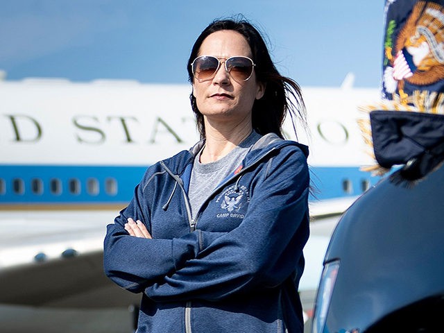 Acting White House Press Secretary Stephanie Grisham waits as Air Force One is refuelled at Elmendorf Air Force Base while travelling to Japan June 26, 2019, in Anchorage, Alaska. (Photo by Brendan Smialowski / AFP) (Photo credit should read BRENDAN SMIALOWSKI/AFP/Getty Images)