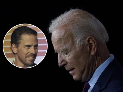 (INSET: Hunter Biden) BURLINGTON, IA - AUGUST 07: Democratic presidential candidate and former U.S. Vice President Joe Biden delivers remarks about White Nationalism during a campaign press conference on August 7, 2019 in Burlington, Iowa. (Photo by Tom Brenner/Getty Images)
