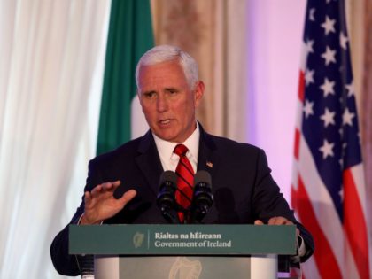 US Vice President Mike Pence speaks to members of the media after holding talks with Irish Prime Minister Leo Varadkar at Famleigh House in Phoenix Park, Dublin, on September 3, 2019, on day two of the US Vice President's visit to Ireland. (Photo by PAUL FAITH / AFP) (Photo credit …