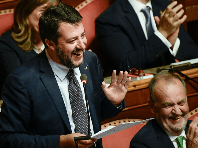 Head of the far-right Northern League (Lega Nord) party, current Italian Senator and former Interior Minister Matteo Salvini gestures as he speaks on September 10, 2019 during the new government's confidence vote at the Senate in Rome. - Italian Prime Minister Giuseppe Conte called on September 9 for the reform …