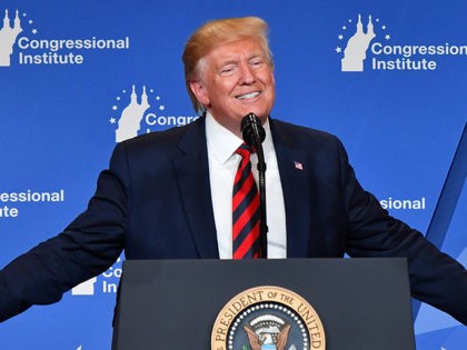 TOPSHOT - US President Donald Trump delivers remarks during the 2019 House Republican Conference Member Retreat Dinner in Baltimore, Maryland on September 12, 2019. (Photo by Nicholas Kamm / AFP) (Photo credit should read NICHOLAS KAMM/AFP/Getty Images)