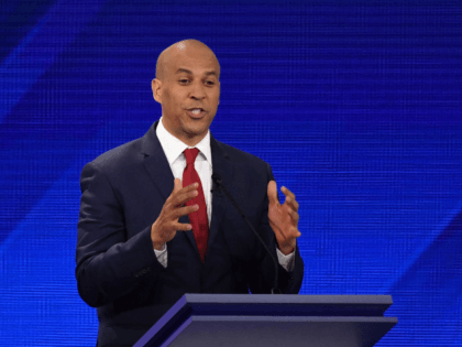 Democratic presidential hopeful New Jersey Senator Cory Booker speaks during the third Dem