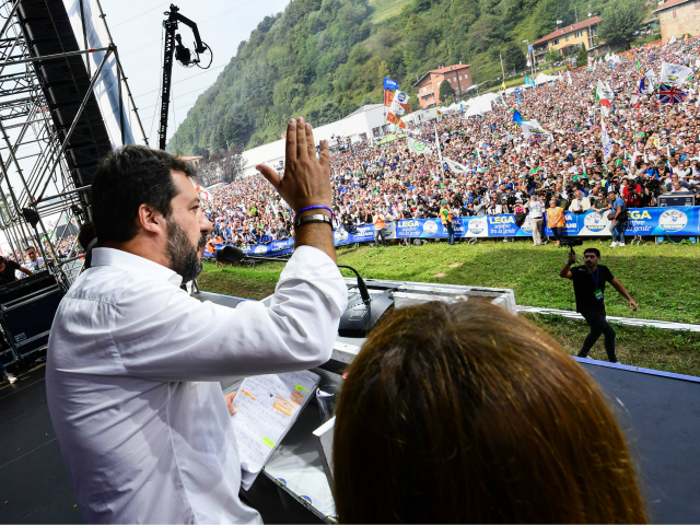 Italian senator, head of the Italian far-right League (Lega) party Matteo Salvini delivers a speech on stage during the party's annual rally in Pontida on September 15, 2019. (Photo by Miguel MEDINA / AFP) (Photo credit should read MIGUEL MEDINA/AFP/Getty Images)