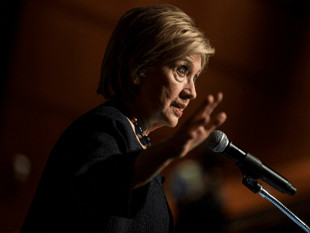 Former Secretary of State Hillary Clinton delivers a keynote speech during the American Federation of Teachers Shanker Institute Defense of Democracy Forum at George Washington University on September 17, 2019 in Washington, DC. The forum examines challenges to democratic institutions and focused on civic engagement, voter rights, and voter suppression. …
