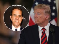 (INSET: Hunter Biden) US President Donald Trump looks on during a press conference with Australian Prime Minister Scott Morrison in the East Room of the White House in Washington, DC, on September 20, 2019. (Photo by Alex Edelman / AFP) (Photo credit should read ALEX EDELMAN/AFP/Getty Images)