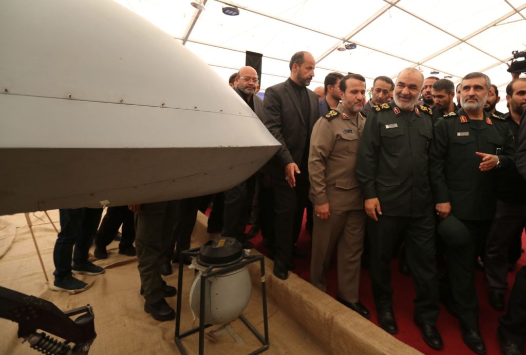 Iranian Revolutionary Guards commander Major General Hossein Salami (2-R) and General Amir Ali Hajizadeh (R) the head of the Revolutionary Guard's aerospace division visit Tehran's Islamic Revolution and Holy Defence museum during the unveiling of an exhibition of what Iran says are US and other drones captured in its territory, in the capital Tehran on September 21, 2019. - Iran's Revolutionary Guards commander today warned any country that attacks the Islamic republic will see its territory become the "main battlefield" as he opened an exhibition of captured drones. (Photo by ATTA KENARE / AFP) (Photo credit should read ATTA KENARE/AFP/Getty Images)