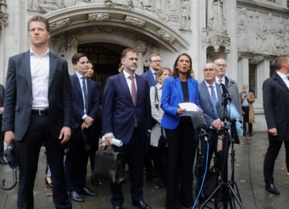 Anti-Brexit campaigner Gina Miller (C) speaks to the media outside the Supreme court in central London on September 24, 2019 after the judgement of the court on the legality of Boris Johnson's advice to the Queen to suspend parliament for more than a month, as the clock ticks down to …