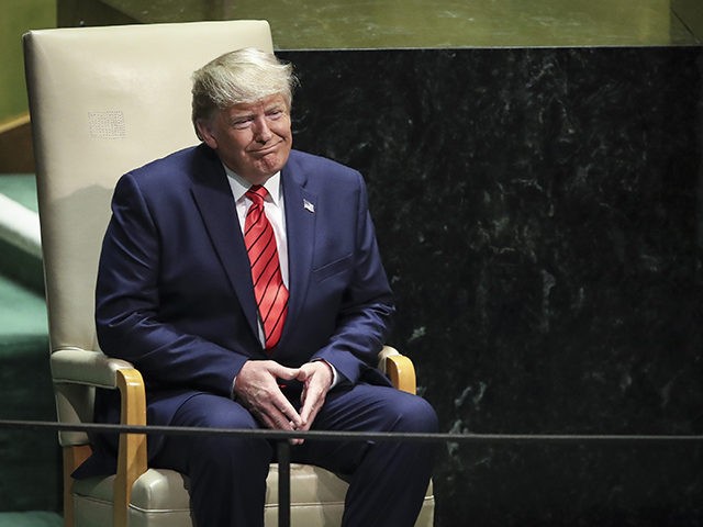 NEW YORK, NY - SEPTEMBER 24: U.S. President Donald Trump waits to exit the stage after speaking at the United Nations General Assembly at UN headquarters on September 24, 2019 in New York City. World leaders from across the globe are gathered at the 74th session of the UN General …