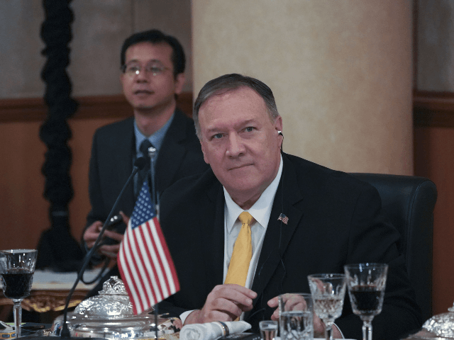 Mike Pompeo, US Secretary of State looks on during a meeting at the Chinese Mission to the