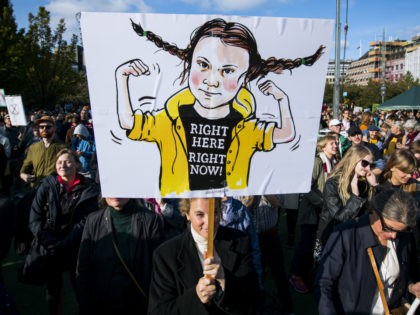 An activist holds up placard depicting the 16-year-old Swedish climate activist Greta Thun