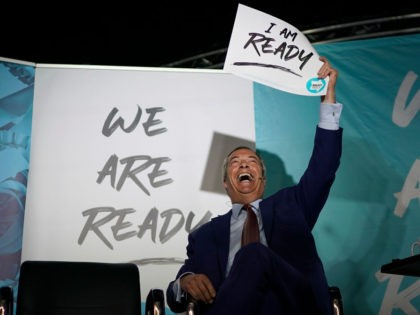 COLCHESTER, ENGLAND - SEPTEMBER 02: Leader of the Brexit Party Nigel Farage addresses party members and delegates at the JobServe Community Stadium during the first rally of the Brexit Party Conference tour on September 2, 2019 in Colchester, England. The rally marks the start of a nationwide conference tour in …