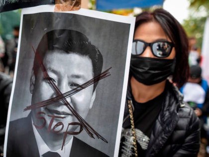 A protestor holds a portrait of Xi Jinping - General Secretary of the Communist Party of China as they demonstrate in front of China embassy in Warsaw in support of pro democracy protests in Hong Kong, September 29, 2019. (Photo by Wojtek RADWANSKI / AFP) (Photo credit should read WOJTEK …