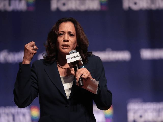 Democratic presidential candidate and California senator Kamala Harris speaks at an LGBTQ
