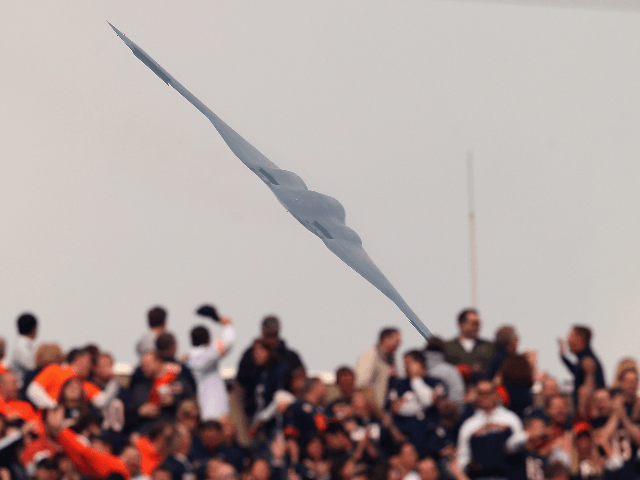 A B-2 Spirit sealth bomber does a fly-over before the Chicago Bears take on the Seattle Se