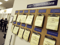A job listing board hangs at the East Bay Career Center February 2, 2006 in Oakland, California. According to a government report, U.S. unemployment benefits claims dropped to about 273,000 last week, sending a four-week average of claims to the lowest level in nearly six years. (Photo by Justin Sullivan/Getty …