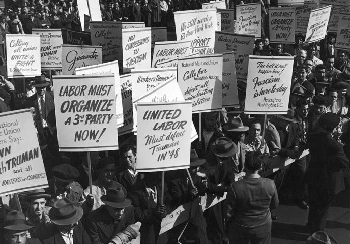 A mass demonstration in New York voices the workers' protest against President Harry S. Truman's threat to draft striking workers into the armed forces, 1946. (Photo by FPG/Hulton Archive/Getty Images)