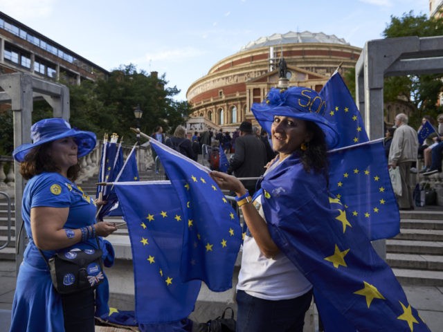 Pro-EU demonstrators activists hand out EU flags to concert goers outside the Royal Albert Hall in London on September 9, 2017 ahead of the Last Night of the Proms concert. Activists distributed EU flags in an anti-Brexit demonstration to concert goers outside the venue of the annual Last Night of â¦