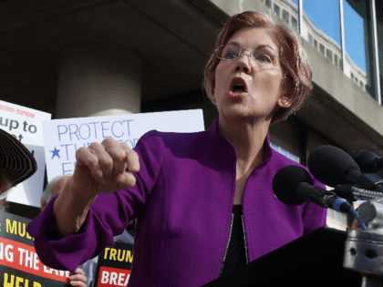 Sen. Elizabeth Warren (D-MA) speaks during a protest in front of the Consumer Financial Protection Bureau (CFPB) headquarters on November 28, 2017 in Washington, DC. Sen. Warren is demanding that Mick Mulvaney step aside and let acting CFPB director Leandra English do her job. President Trump named Office of Management …