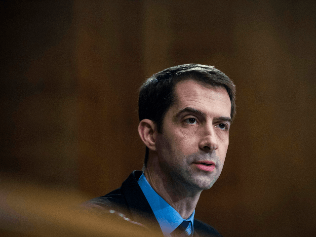 Senator Tom Cotton (R-AR) looks on as Treasury Secretary Steven Mnuchin delivers the annual financial stability report to the Senate Banking, Housing and Urban Affairs Committee on January 30, 2018 in Washington, DC. Mnuchin said the Treasury can extend the government's debt limit suspension period into February before it exhausts …