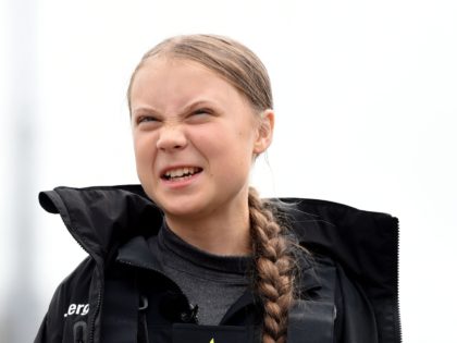 PLYMOUTH, ENGLAND - AUGUST 14: Climate change activist Greta Thunberg speaks at a press conference before setting sail for New York in the 60ft Malizia II yacht from Mayflower Marina, on August 14, 2019 in Plymouth, England. Greta Thunberg is a teenage activist born in Sweden in 2003. She began …