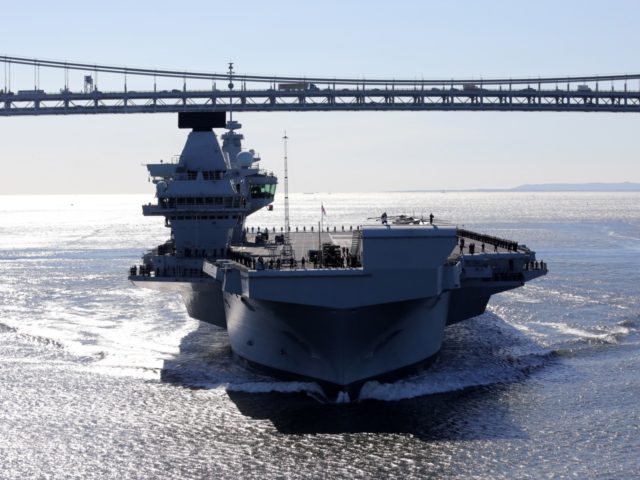 NEW YORK, NY - OCTOBER 19: Britain's new aircraft carrier HMS Queen Elizabeth arrives in N