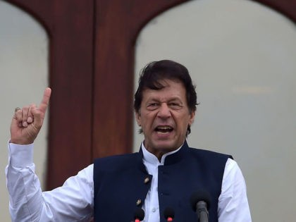 Pakistan's Prime Minister Imran Khan addresses the nation outside the Prime Minister Secre