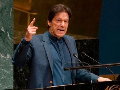 Pakistani Prime Minister Imran Khan speaks during the 74th Session of the General Assembly at UN Headquarters in New York on September 27, 2019. - India is planning a "bloodbath" in Kashmir, Khan told the UNGeneral Assembly. The Indian-controlled part of the disputed territory has been under lockdown since New …