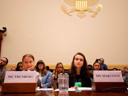 Swedish environment activist Greta Thunberg (L), and This Is Zero Hour co-founder Jamie Margolin (R) take part in a joint hearing before the House Foreign Affairs Committee, Europe, Eurasia, Energy and the Environment Subcommittee, and the House Select Committee on the Climate Crisis, at the Rayburn House Office Building on …