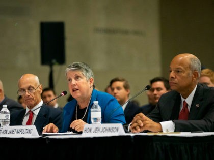 NEW YORK, NY - SEPTEMBER 9: (L-R) Former U.S. secretaries of the Department of Homeland Security Michael Chertoff, Janet A. Napolitano, and Jeh Johnson testify during a special Senate Committee on Homeland Security and Governmental affairs hearing on "The State of Homeland Security after 9/11" at the National September 11th …