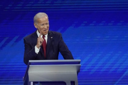 Former Vice President Joe Biden responds to a question Thursday, Sept. 12, 2019, during a Democratic presidential primary debate hosted by ABC at Texas Southern University in Houston. (AP Photo/David J. Phillip)