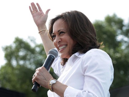 DES MOINES, IOWA - AUGUST 10: Democratic presidential candidate U.S. Sen. Kamala Harris (D-CA) delivers a campaign speech at the Des Moines Register Political Soapbox at the Iowa State Fair on August 10, 2019 in Des Moines, Iowa. 22 of the 23 politicians seeking the Democratic Party presidential nomination will …