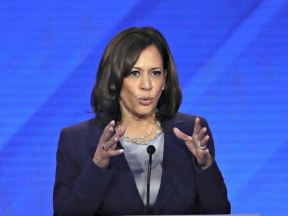 HOUSTON, TEXAS - SEPTEMBER 12: Democratic presidential candidate Sen. Kamala Harris (D-CA) speaks during the Democratic Presidential Debate at Texas Southern University's Health and PE Center on September 12, 2019 in Houston, Texas. Ten Democratic presidential hopefuls were chosen from the larger field of candidates to participate in the debate …