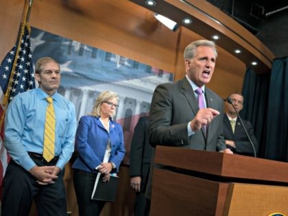 House Republican Leader Kevin McCarthy, D-Calif., joined from left by, Rep. Jim Jordan, R-Ohio, a member of the House Judiciary Committee, Republican Conference chair Rep. Liz Cheney, R-Wyo., and Rep. Doug Collins, R-Georgia, the top Republican on the House Judiciary Committee, criticizes House Speaker Nancy Pelosi, D-Calif., and the Democrats …