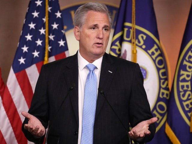 House Minority Leader Kevin McCarthy (R) speaks during his weekly news conference on Capit