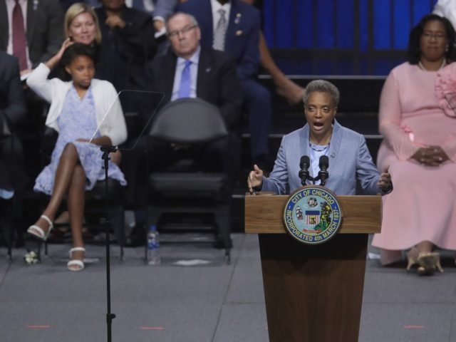 CHICAGO, ILLINOIS - MAY 20: Lori Lightfoot addresses guests after being sworn in as Mayor