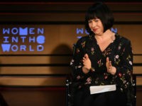 Writer Margaret Atwood (L) and columnist Michelle Goldberg speak onstage at the Women of the World Summit on April 13, 2018 in New York City. / AFP PHOTO / ANGELA WEISS (Photo credit should read ANGELA WEISS/AFP/Getty Images)
