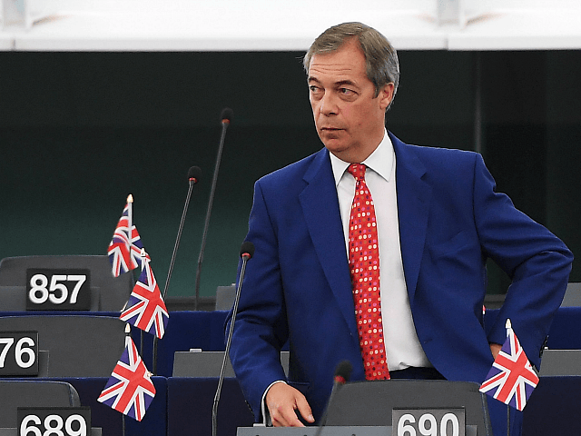 Brexit Party leader Nigel Farage arrives for a debate on Brexit at the European Parliament