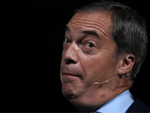 MAIDSTONE, ENGLAND - SEPTEMBER 26: Leader of the Brexit Party Nigel Farage speaks during the Brexit Party Conference tour at the Kent Event Centre, Kent Showground on September 26, 2019 in Maidstone, England. The rally is part of a nationwide conference tour in which Nigel Farage will address audiences around …
