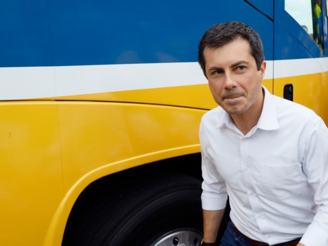Democratic presidential candidate Pete Buttigieg makes his way to speak to supporters duri
