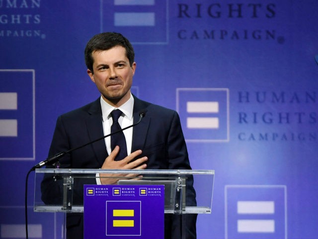 South Bend, Indiana Mayor Pete Buttigieg reacts to the crowd after delivering a keynote ad
