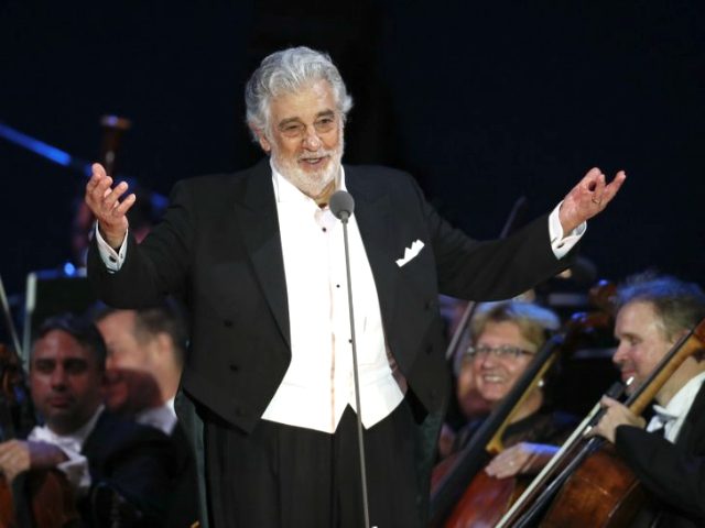 FILE - In this Aug. 28, 2019 file photo, opera star Placido Domingo salutes spectators at