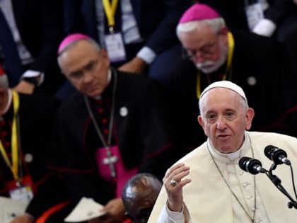 Pope Francis gestures as he delivers a speech at the Interreligious meeting with the Youth at the Maxaquene Pavillion in Maputo, on September 5, 2019. - Pope Francis will visit Mozambique from the September 4-6. (Photo by Tiziana FABI / AFP) (Photo credit should read TIZIANA FABI/AFP/Getty Images)
