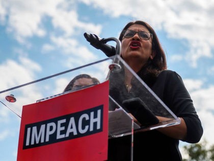 Representative Rashida Tlaib (D-MI) speaks during the "People's Rally for Impeachment" on Capitol Hill in Washington, DC on September 26, 2019. - Top US Democrat Nancy Pelosi announced on September 24 the opening of a formal impeachment inquiry into President Donald Trump, saying he betrayed his oath of office by …